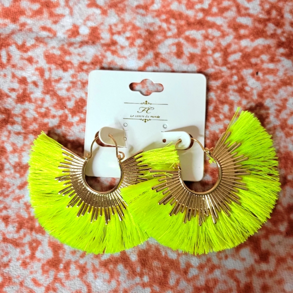 Neon Teal Hoop Fan Tassel Earring Fringe Circle Round Drop  Boho Earrings